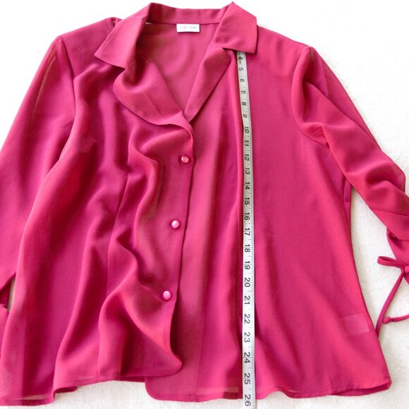 Vintage 90s Sheer Hot Pink Button Down Blouse | Coquette Barbiecore Y2k - Picture 8 of 9